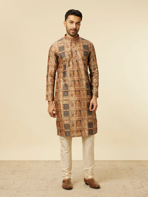 Manyavar Fawn Abstract Printed Kurta Set