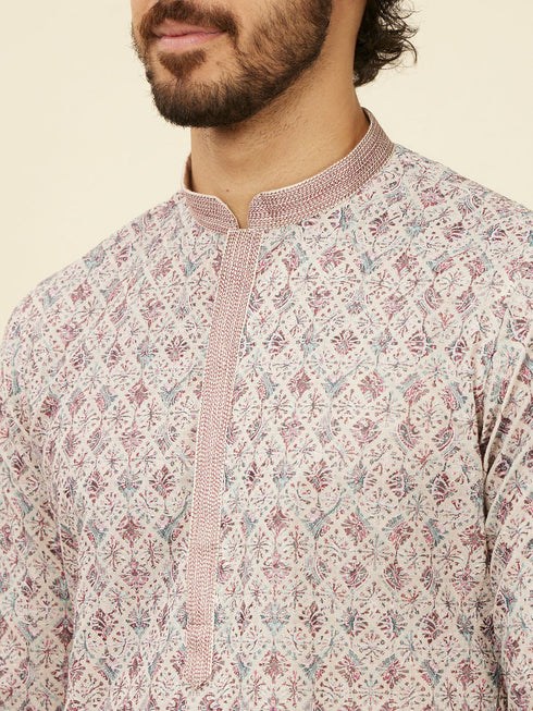 Manyavar Beige Pink Chikankari Kurta Set