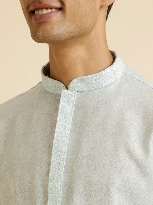 Manyavar Light Blue Dotted Print Self Patterned Kurta Set