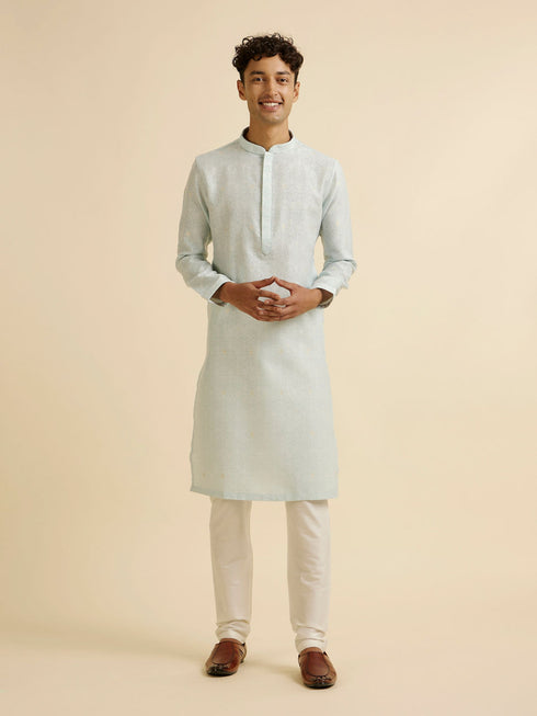 Manyavar Light Blue Dotted Print Self Patterned Kurta Set