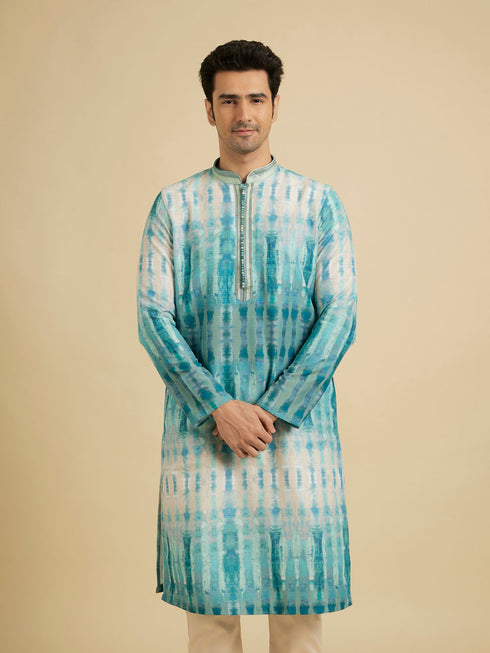 Manyavar Aqua Green Tie And Dye Printed Kurta Set
