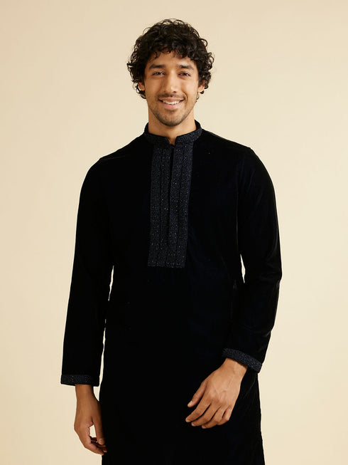 Manyavar Dark Blue Kurta Set with Embroidered Neckline