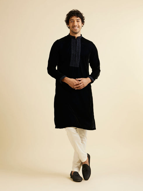 Manyavar Dark Blue Kurta Set with Embroidered Neckline