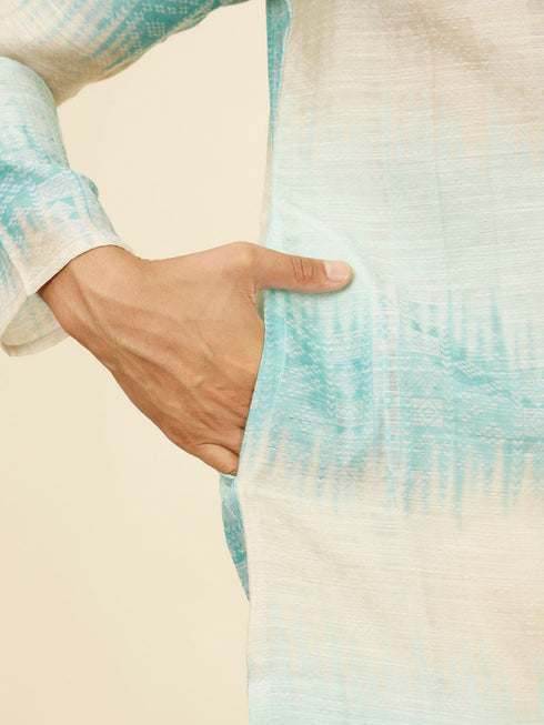Manyavar Aqua Green Ikat Printed Kurta Set