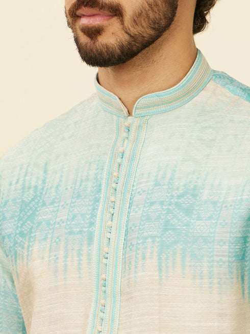 Manyavar Aqua Green Ikat Printed Kurta Set