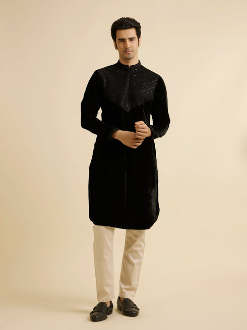 Manyavar Elegant Black Velvet Kurta Pajama