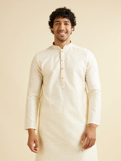 Manyavar Cream Pink Lattice Patterned Kurta Set