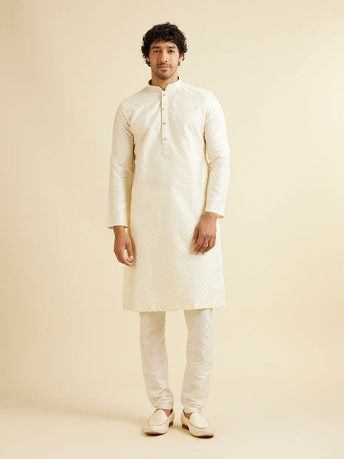 Manyavar Cream Pink Lattice Patterned Kurta Set