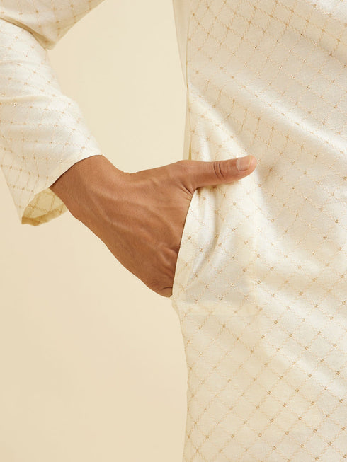 Manyavar Cream Pink Lattice Patterned Kurta Set