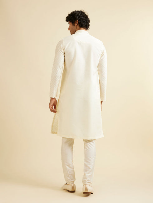 Manyavar Cream Pink Lattice Patterned Kurta Set