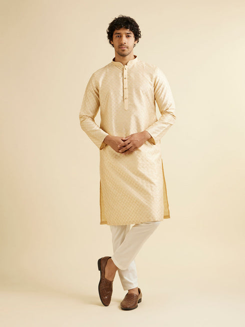 Manyavar Sand Beige Lattice Patterned Kurta Set