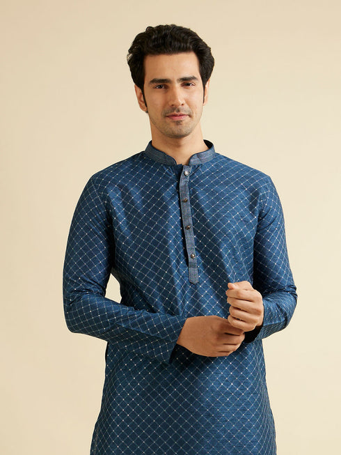 Manyavar Dark Blue Lattice Patterned Kurta Set