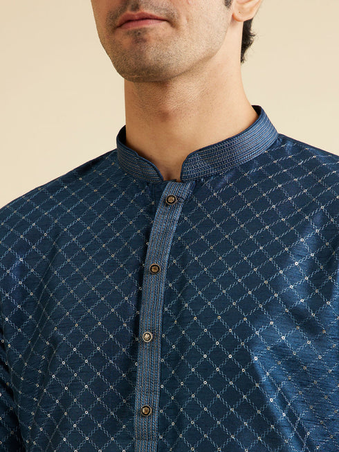 Manyavar Dark Blue Lattice Patterned Kurta Set