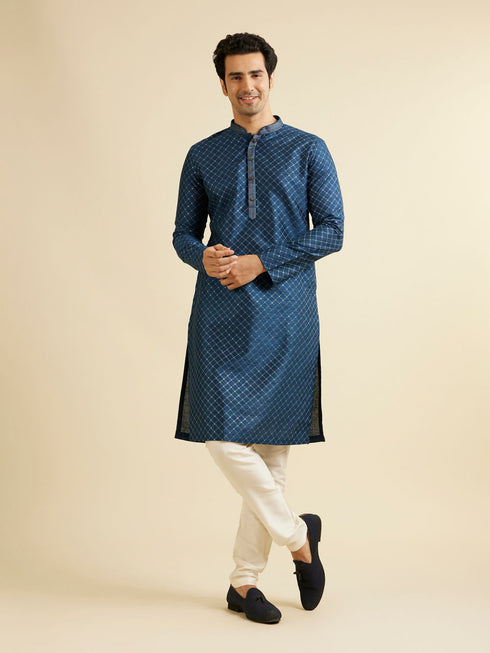 Manyavar Dark Blue Lattice Patterned Kurta Set