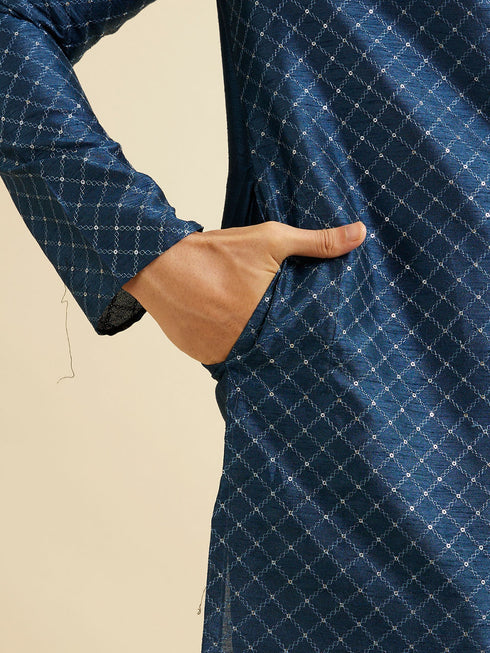 Manyavar Dark Blue Lattice Patterned Kurta Set