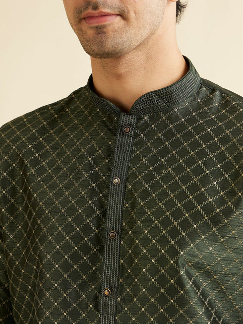 Manyavar Dark Green Lattice Patterned Kurta Set