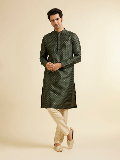 Manyavar Dark Green Lattice Patterned Kurta Set
