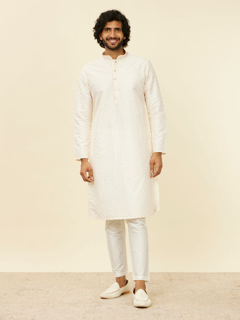Manyavar Warm White Lattice Patterned Kurta Set