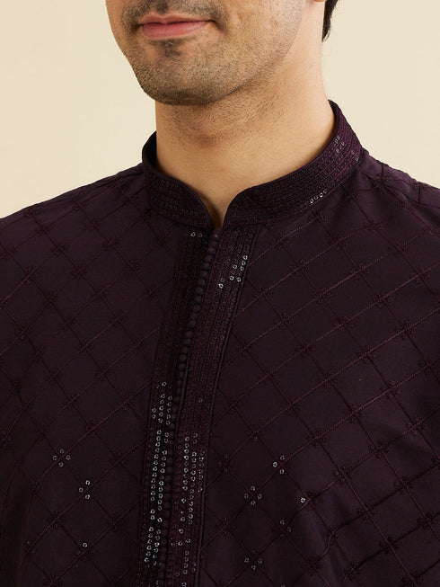 Manyavar Plum Purple Self Patterned Sequinned Kurta Set