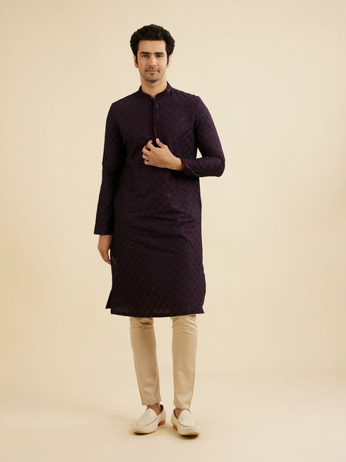 Manyavar Plum Purple Self Patterned Sequinned Kurta Set