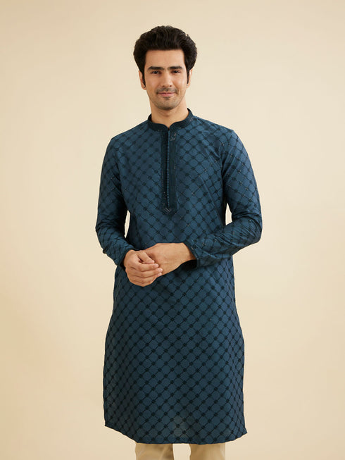 Manyavar Teal Blue Self Patterned Sequined Bandhgala Kurta Set