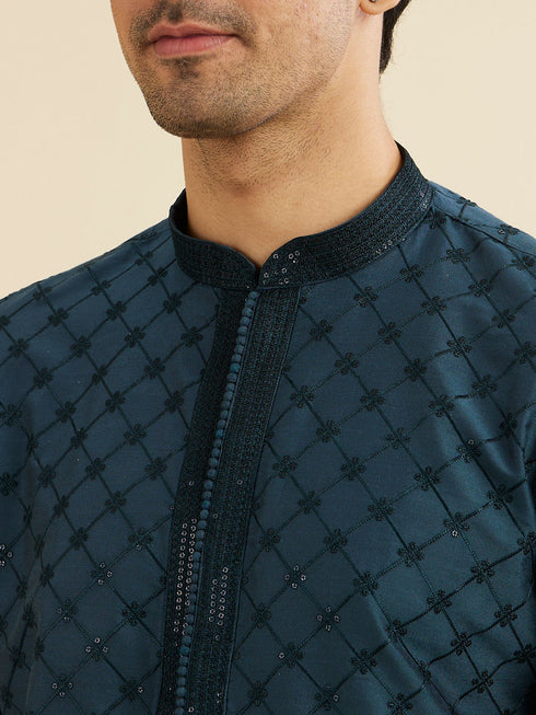 Manyavar Teal Blue Self Patterned Sequined Bandhgala Kurta Set