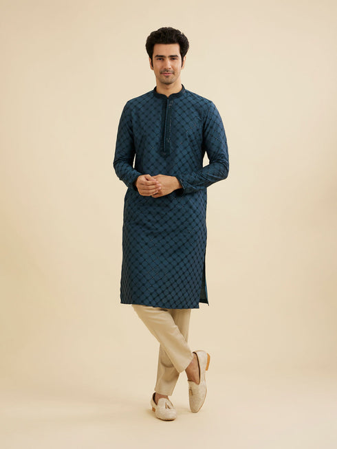 Manyavar Teal Blue Self Patterned Sequined Bandhgala Kurta Set