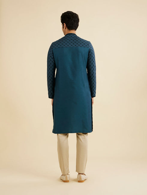 Manyavar Teal Blue Self Patterned Sequined Bandhgala Kurta Set