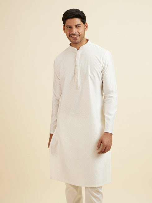 Manyavar White Jaal & Medallion Patterned Kurta Set