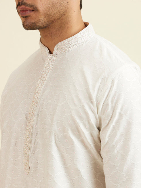Manyavar White Jaal & Medallion Patterned Kurta Set