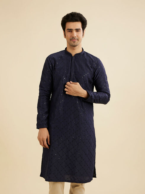 Manyavar Navy Blue Jaal Sequinned Kurta Set
