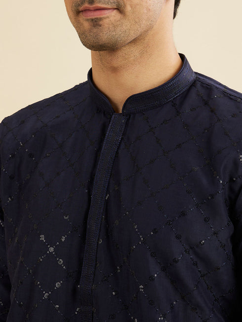 Manyavar Navy Blue Jaal Sequinned Kurta Set