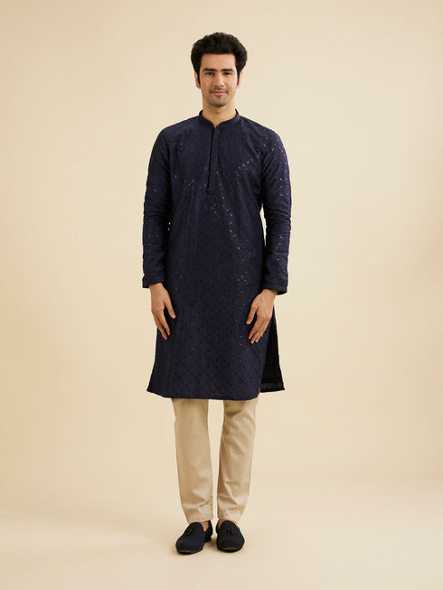 Manyavar Navy Blue Jaal Sequinned Kurta Set