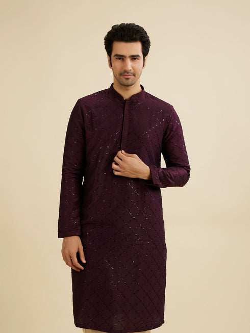 Manyavar Wine Red Jaal Sequinned Kurta Set