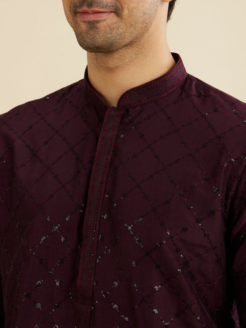 Manyavar Wine Red Jaal Sequinned Kurta Set