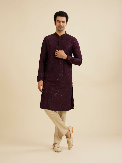 Manyavar Wine Red Jaal Sequinned Kurta Set