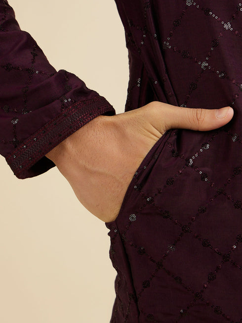 Manyavar Wine Red Jaal Sequinned Kurta Set