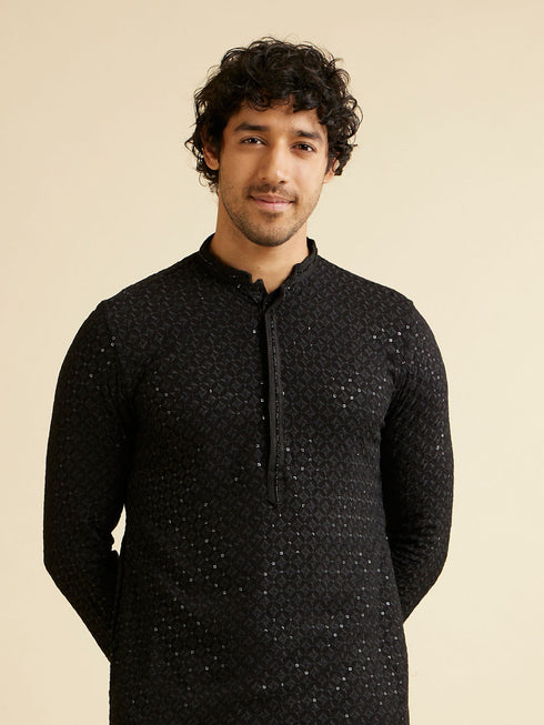 Manyavar Charcoal Black Chikankari Sequinned Kurta Set