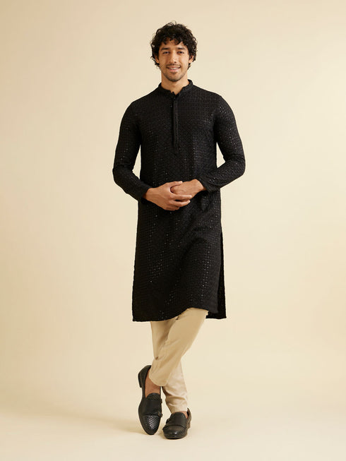 Manyavar Charcoal Black Chikankari Sequinned Kurta Set