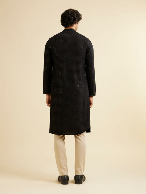 Manyavar Charcoal Black Chikankari Sequinned Kurta Set