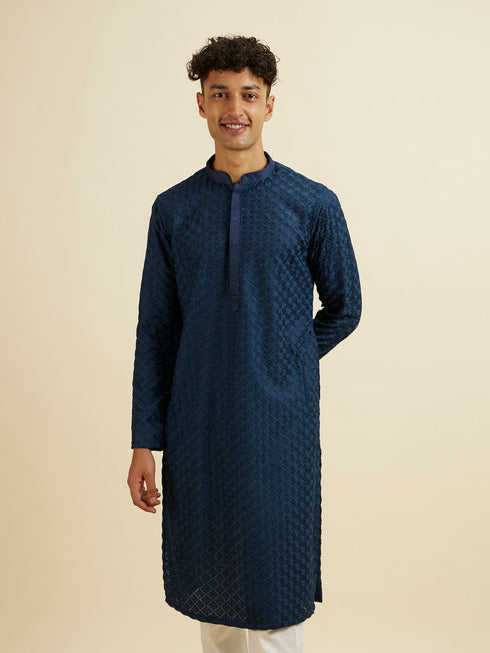 Manyavar Dark Blue Chikankari Printed Kurta Set