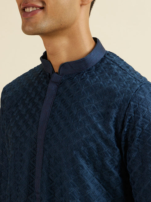 Manyavar Dark Blue Chikankari Printed Kurta Set