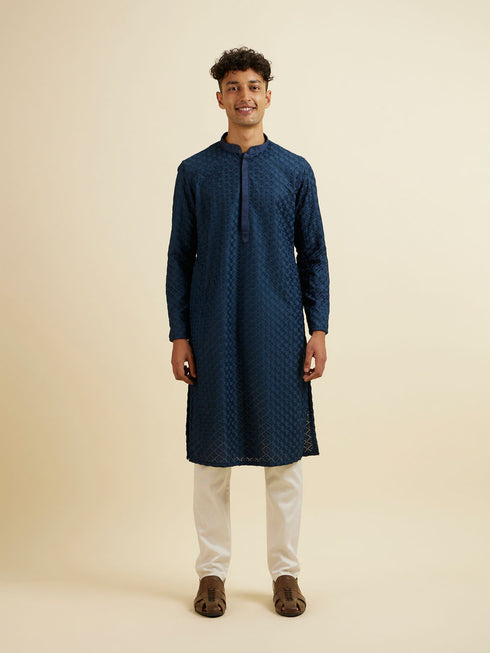 Manyavar Dark Blue Chikankari Printed Kurta Set