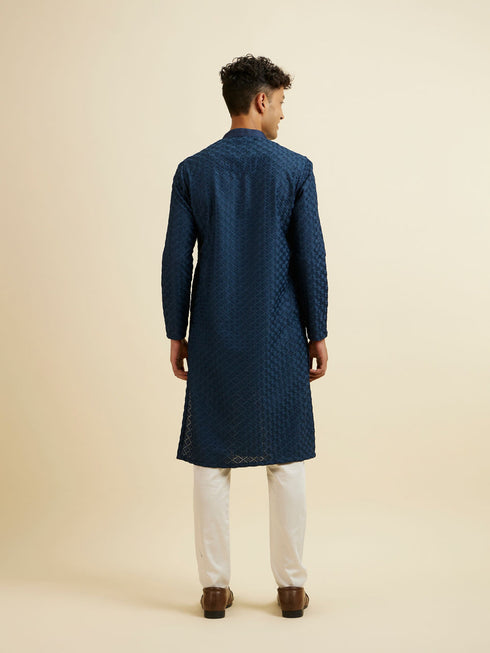 Manyavar Dark Blue Chikankari Printed Kurta Set