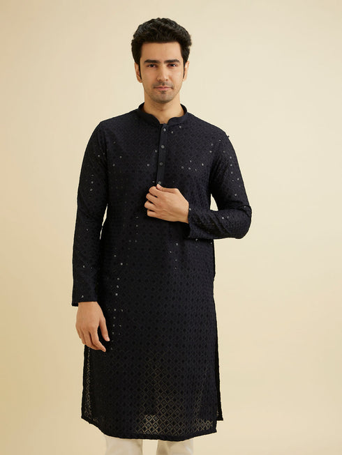 Manyavar Charcoal Black Chikankari Kurta Set with Sequin Work