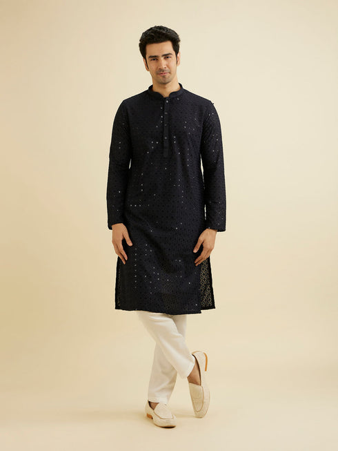 Manyavar Charcoal Black Chikankari Kurta Set with Sequin Work