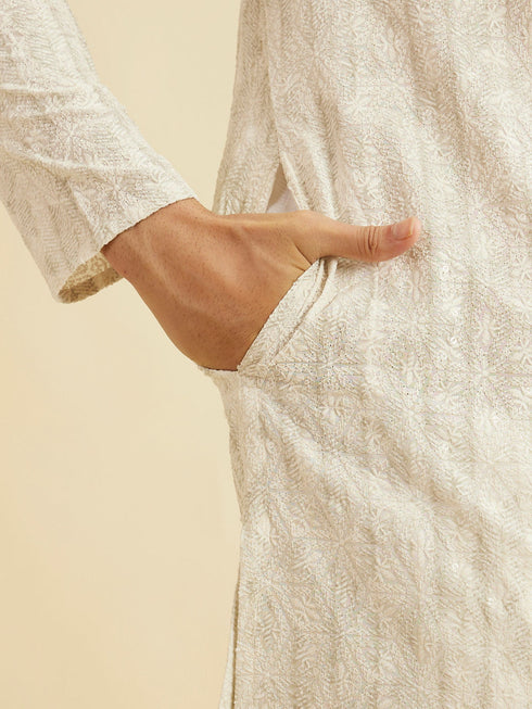Manyavar Soft Beige Chikankari Sequin Embellished Kurta Set