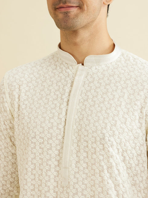 Manyavar Warm White Chikankari Embroidered Kurta Set with Sequin Work