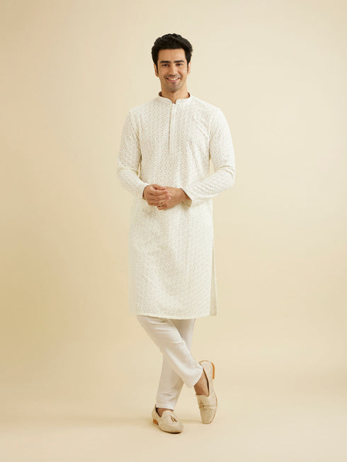 Manyavar Warm White Chikankari Embroidered Kurta Set with Sequin Work