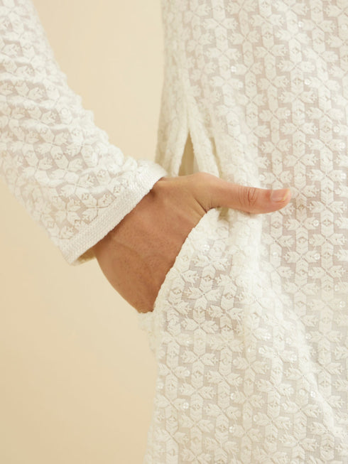 Manyavar Warm White Chikankari Embroidered Kurta Set with Sequin Work